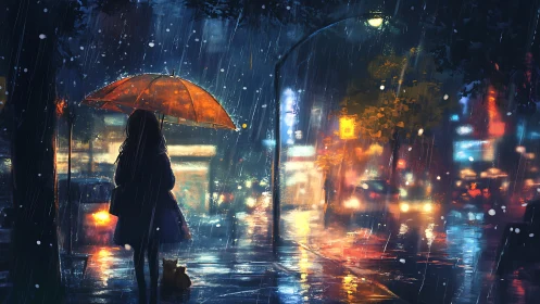 Girl with orange umbrella in a glowing rainy city night.