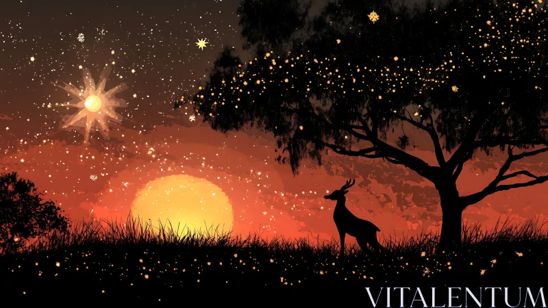 Starlit deer beneath ember dusk sky and glowing horizon.