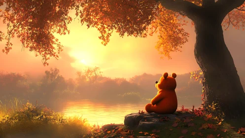Orange bear watches golden autumn sunset by calm lake.