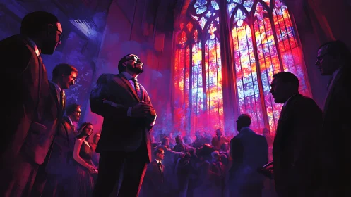 Suits in cathedral nave under saturated stained glass volumetric light