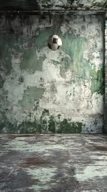 Soccer ball suspended in decayed concrete room with peeling paint