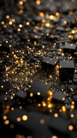 Golden bokeh over black cubic landscape in macro depth.