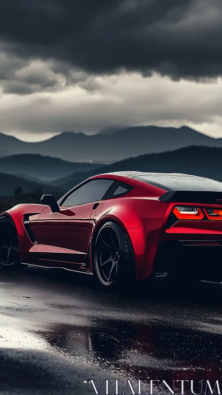 Crimson stormrunner idling on a rain-slick mountain road.