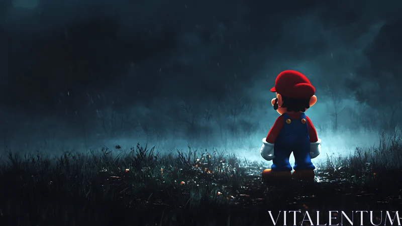 Cartoon plumber stands alone in dark misty forest night.