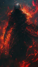 Shrouded flame wraith emerging from swirling inferno.