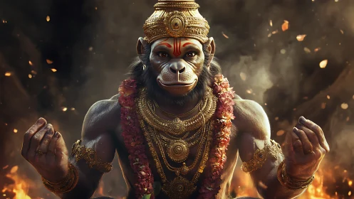 Divine simian warrior sits in glowing embers and gold regalia.