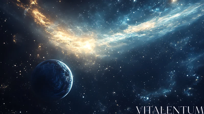 Rendered planetary sphere below dense starfield and nebula band