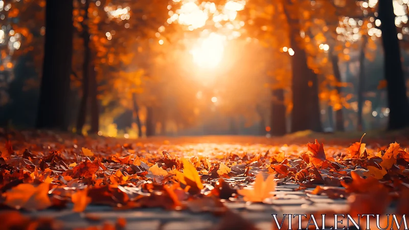 Low-angle optical study of sunlit autumn leaf carpeted path.