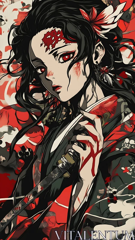 Crimson-eyed swordswoman blooms amid swirling battle petals.
