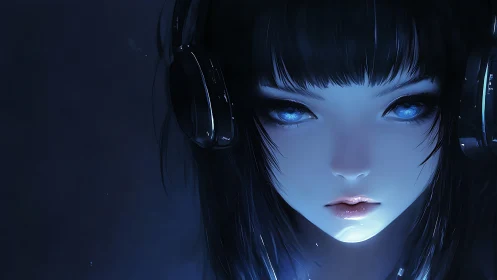 Digital portrait shows blue lit female face with headphones