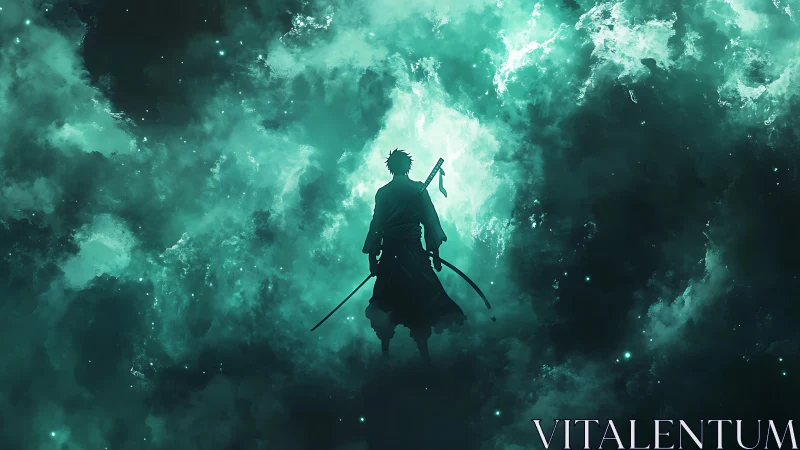 Silhouetted swordsman stands against luminous teal nebula glow