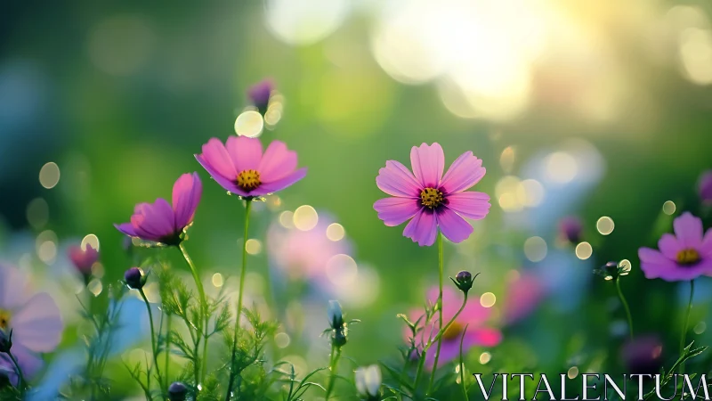 Cosmos blossoms in dreamy bokeh garden lightscape.