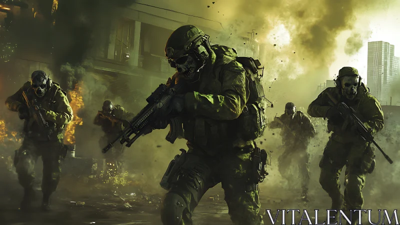 Tactical skull-masked squad advances through toxic warzone.