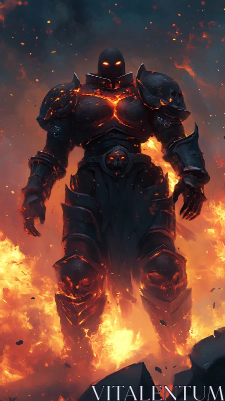 Molten infernal knight emerging from blazing volcanic flames.
