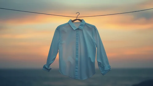 Minimalist Blue Shirt Hanging on Wire Against Golden Sunset.