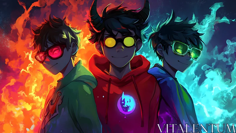 Neon triadic portraits with elemental chromatic backlighting.