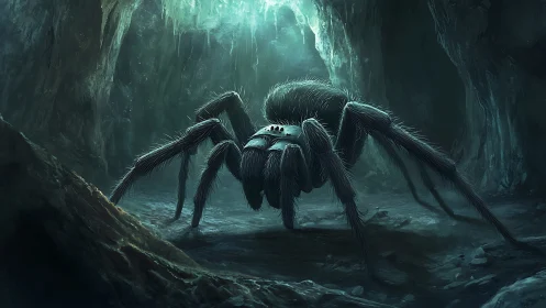 Gigantic cave spider stalks damp cavern floor under glow.