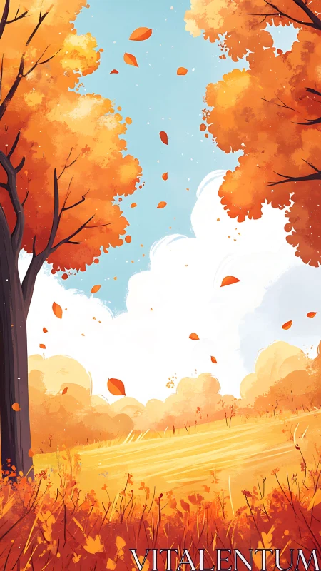 Autumn trees frame open field under bright blue sky