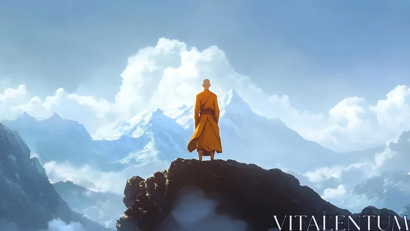 Monk in saffron robes surveys atmospheric high mountain range