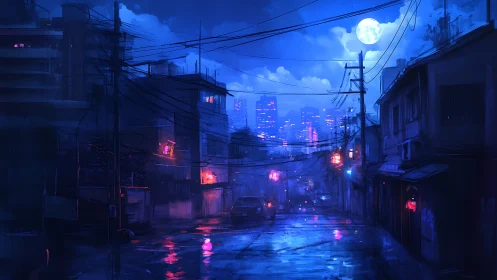 Moonlit urban alley with wet street and distant skyline.