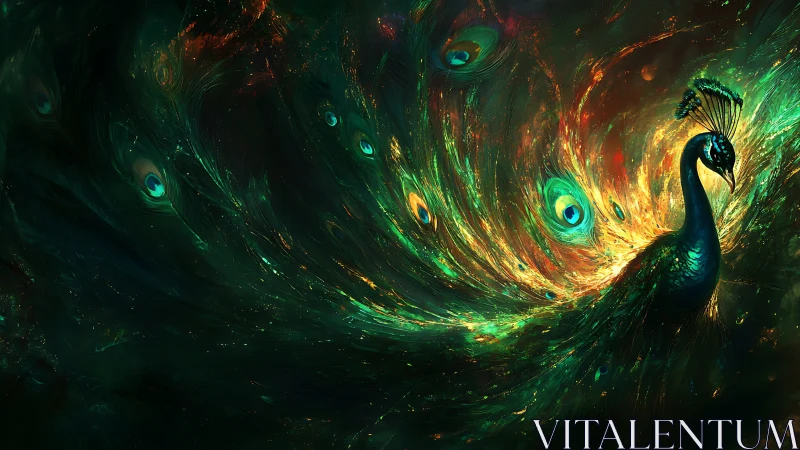 Celestial emerald peacock with radiant cosmic plumage.