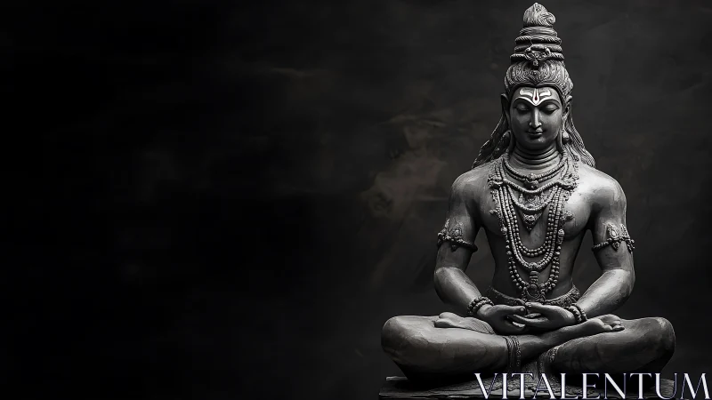 High-contrast metallic Shiva statue rendered with dramatic directional lighting
