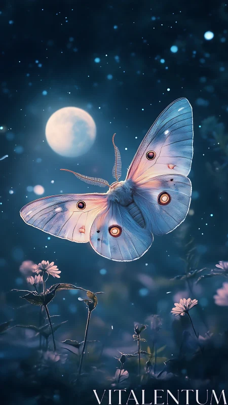 Moonlit moth drifts gently above dreamy wildflower garden.