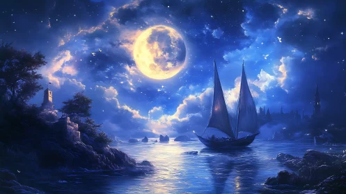 Moonlit sailboat glides across luminous fantasy seascape