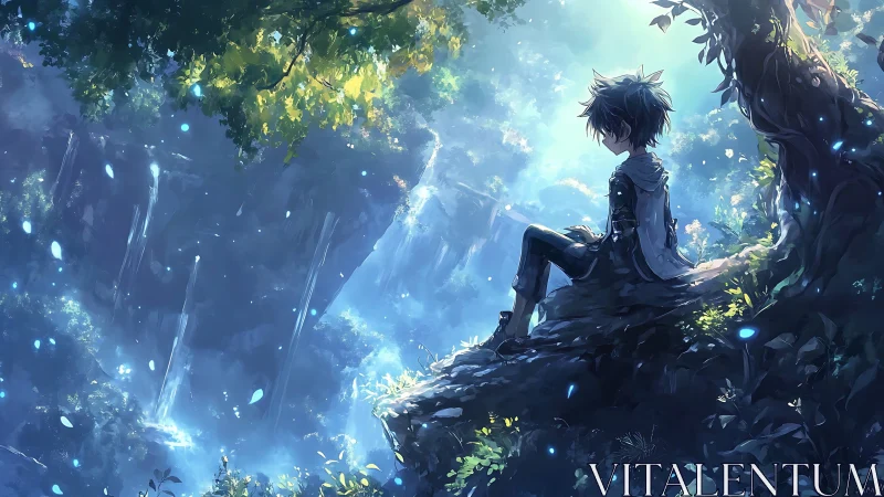 Anime boy seated on tree root above luminous forest valley.