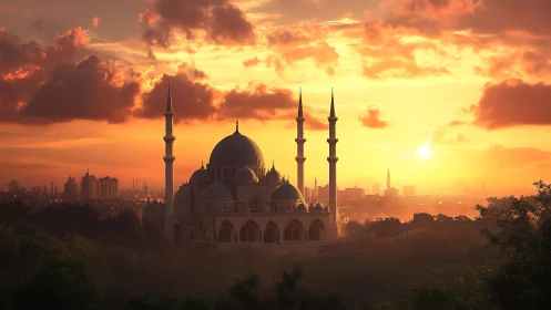 Golden hour mosque crowns a misty city of distant spires.