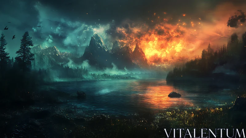 Volcanic firestorm crowns misty mountains above still lake.