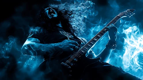 Electric blue metal guitarist isolated in dramatic backlight