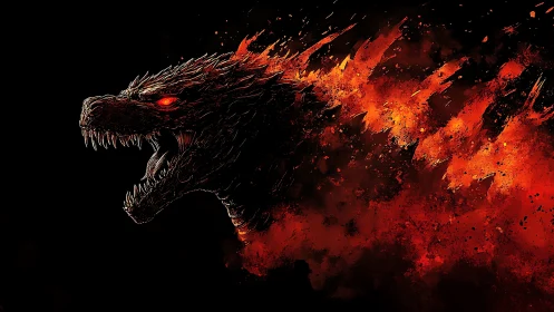 Thermal-ignited reptilian kaiju profile in eruptive combustion field.