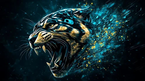 Roaring neon panther bursting through electric night.