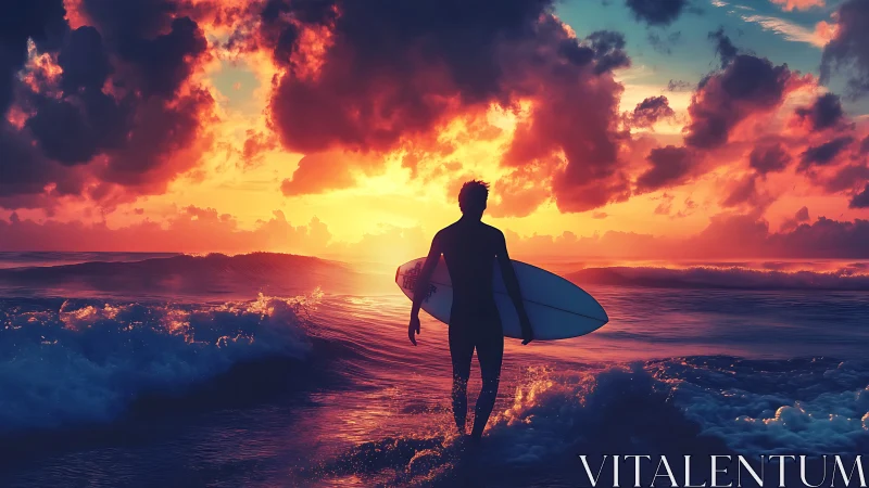 Silhouetted surfer holding board against vivid sunset sky.