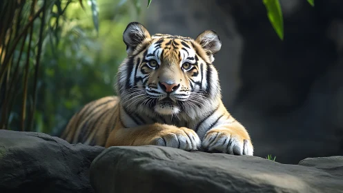 Resting tiger portrait in soft jungle light on stone ledge.