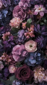 Densely arranged floral arrangement featuring layered blooms and foliage