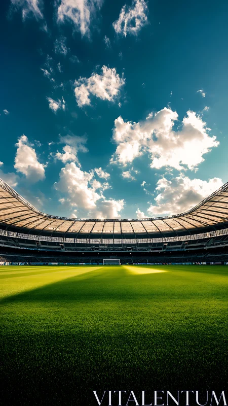 Empty football stadium under dramatic blue sky at sunset.