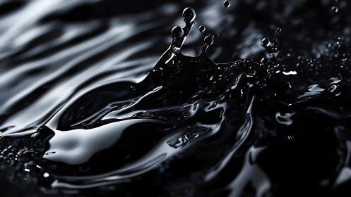Viscous black liquid splashing in dramatic studio lighting.