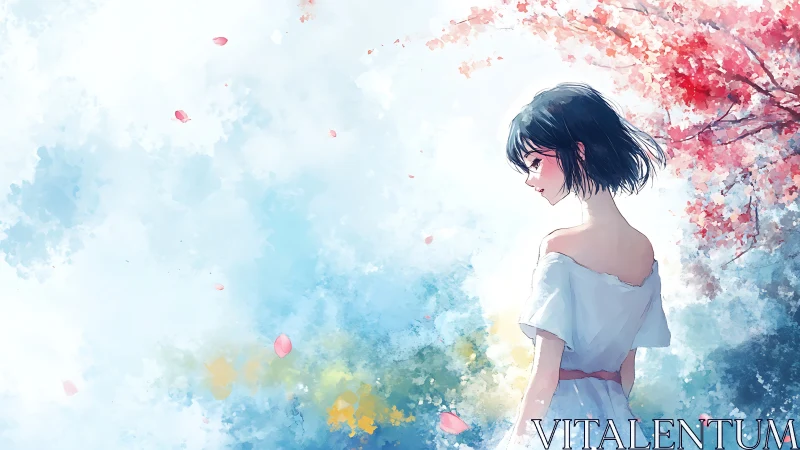 Solitary girl in white dress framed by ethereal sakura bloom