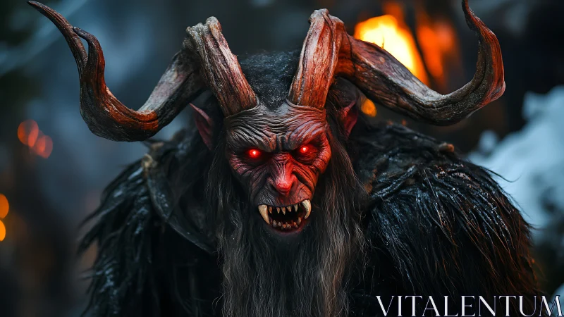 Horned demon creature with glowing red eyes in firelit snow.