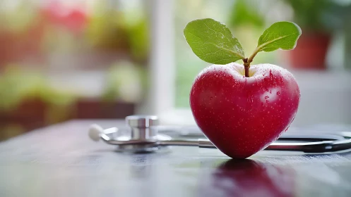 Heart-shaped red apple with stethoscope on reflective desk surface