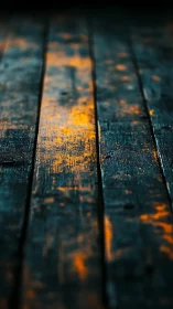 Burnt teal floorboards cradle wandering streaks of ember light