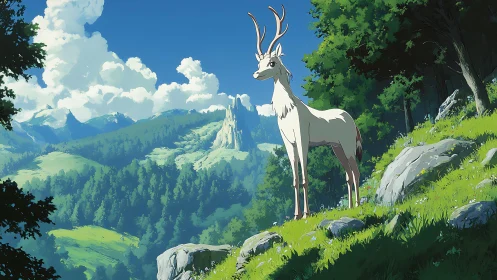 Deer-like creature on forest hillside in mountain landscape.