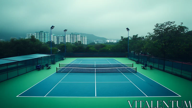 Misty morning tennis court waiting for the first friendly serve.