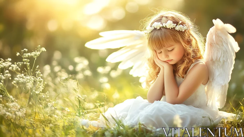 Sunlit child angel rests in floral meadow with glowing wings