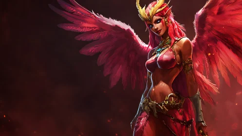 Winged humanoid figure in red avian armor on dark background.