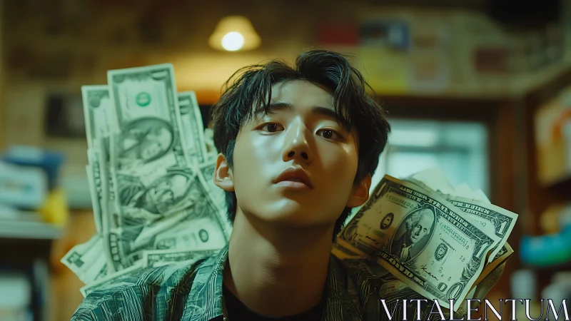 Youthful dreamer framed by floating dollar bills at dusk.