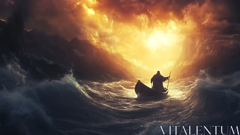 Luminous storm passage with cloaked oarsman in turbulent sea.