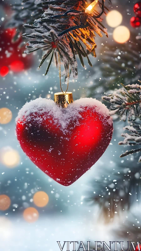 Snow-dusted red heart ornament glowing on a cozy tree.